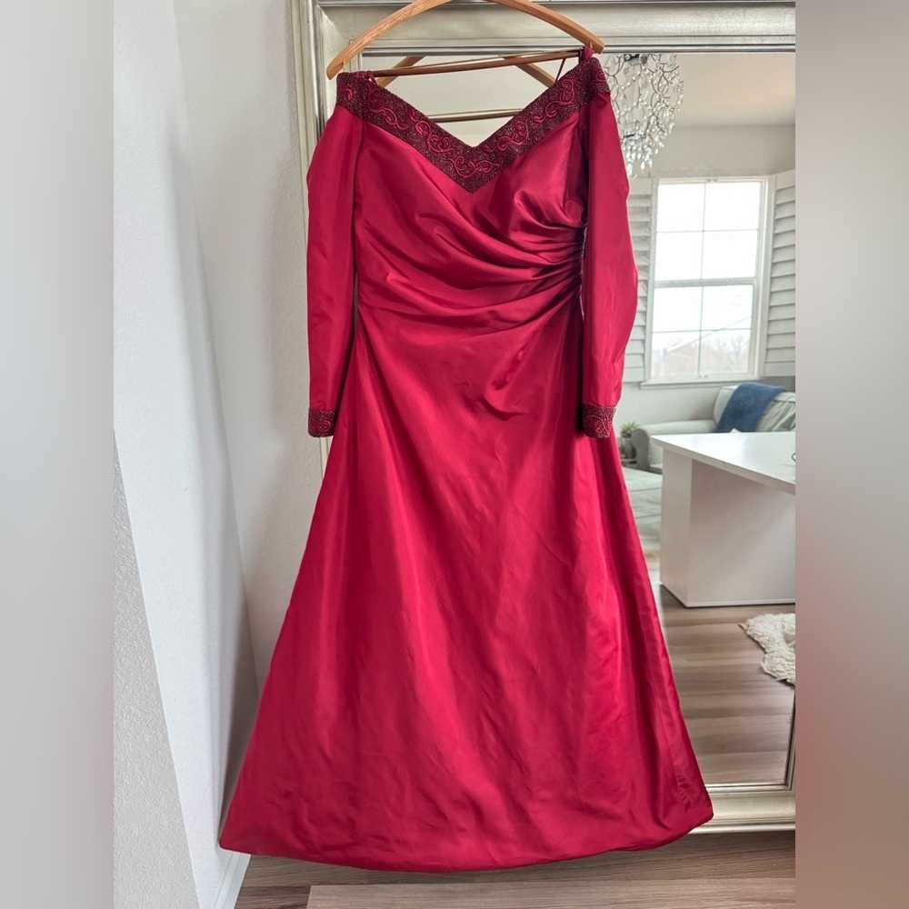 Saks Fifth Avenue Helen Morley Red Beaded Off-Shoulder Silk Evening Gown *FLAWS
